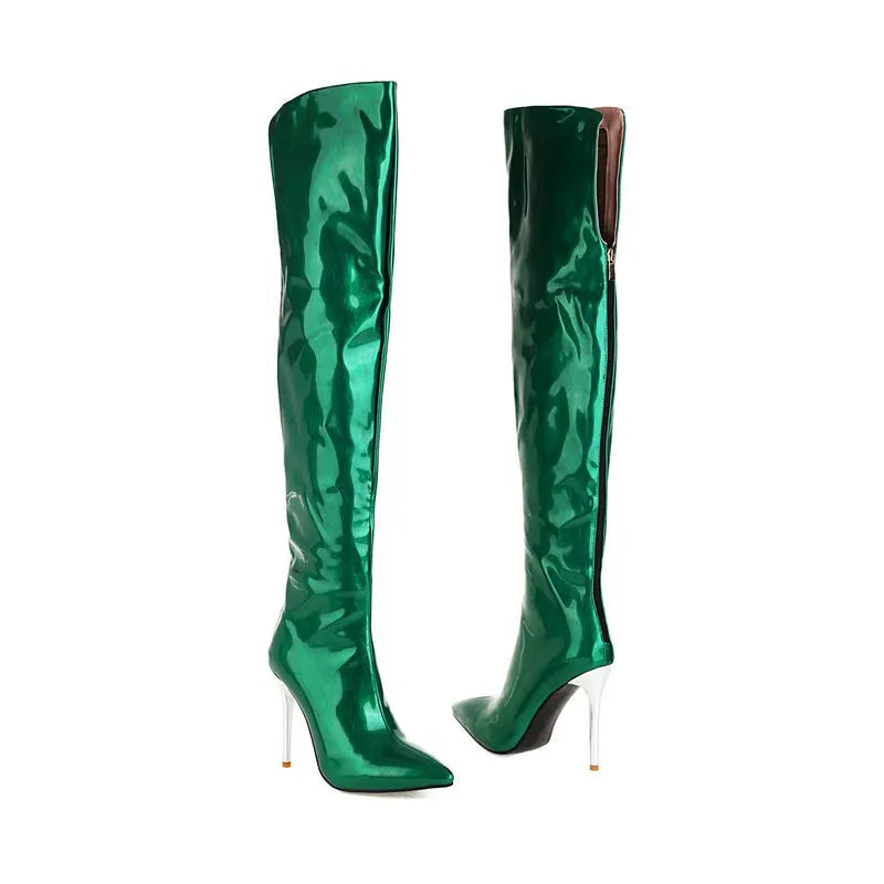 Long Boots for Women Dark Blue Pointed Toe Metal Stiletto Heel Patent Leather Over-the-Knee Female Shoes Large Size Short Plush