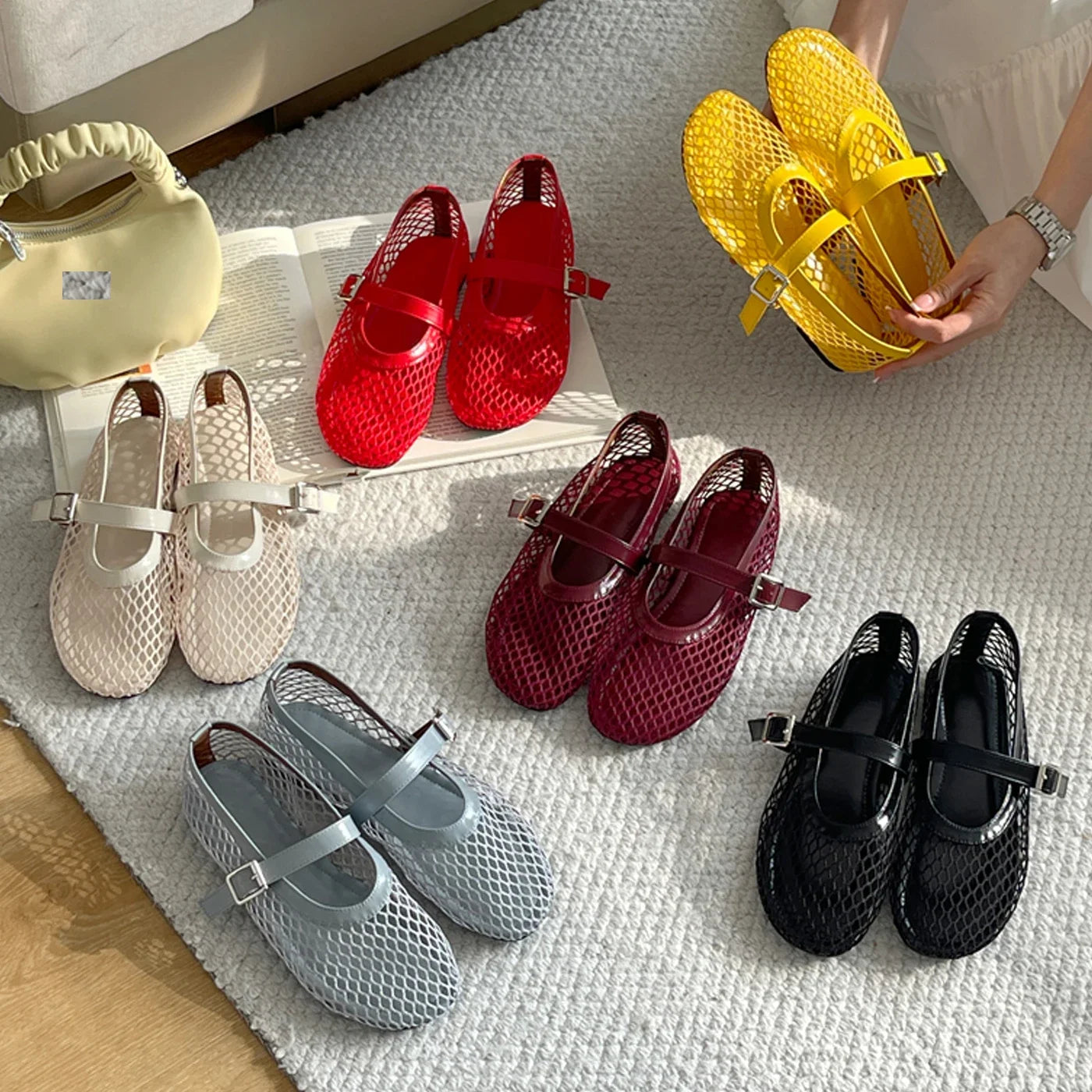 Aneikeh BIG Size 35-43 Jelly Color Fishing Ballet Dance Women's Mesh Buckle Flat Hollow Out Retro Mary Jane Shoes