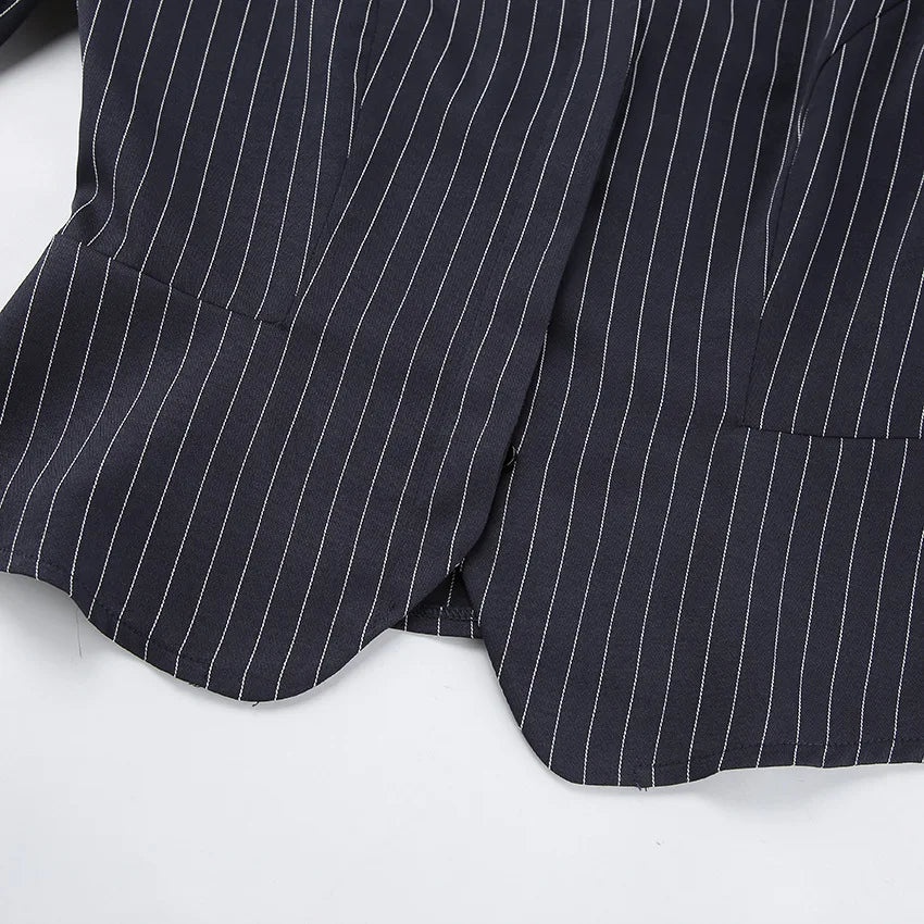 Women's Matching Sets 2026 Woman Navy Blue Striped V-neck Waist Small Suit Top Short A-shaped Skirt Women's Two-piece Set