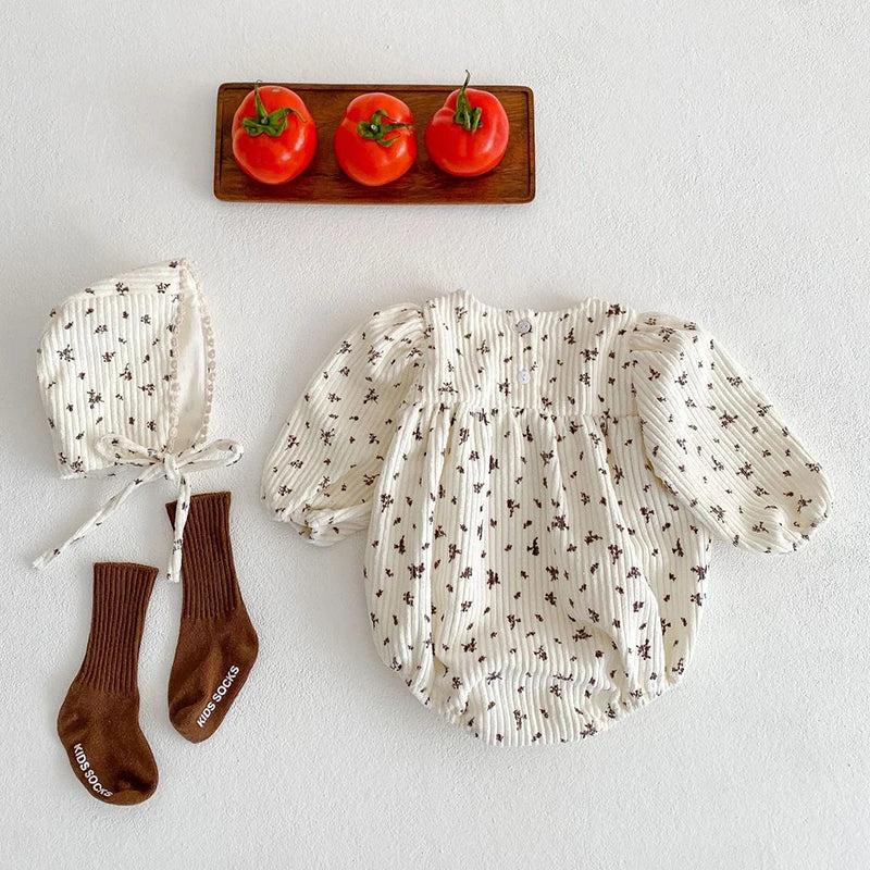 2024 New Autumn Kids Clothing Spring Infant Baby Girl Bodysuits+Hat Corduroy Long Sleeve Printing Newborn Baby Girl Jumpsuit