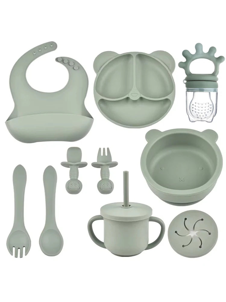 10pcs Children's Silicone Dinner Plate Set Strong Suction Anti-Fall Children's Eating Training Bowl Fork Spoon Feeding Tableware