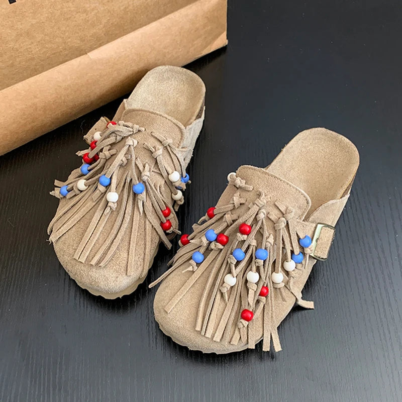 2025 Women Mules Shoes Flats Suede Women's Sandals Fringes Summer Fashion Slippers Walking Dress Cozy