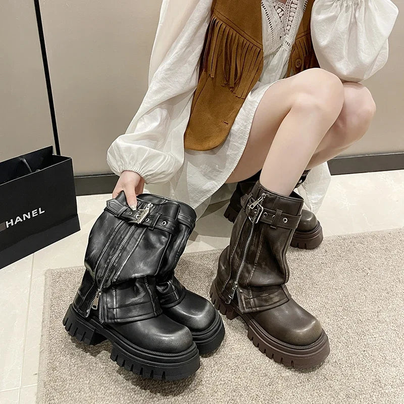 2025 Winter Designer Women Mid-calf Boots Western Short Boots Belt Buckle Soft Leather Boots Fashion Thick Bottom Platform Shoes