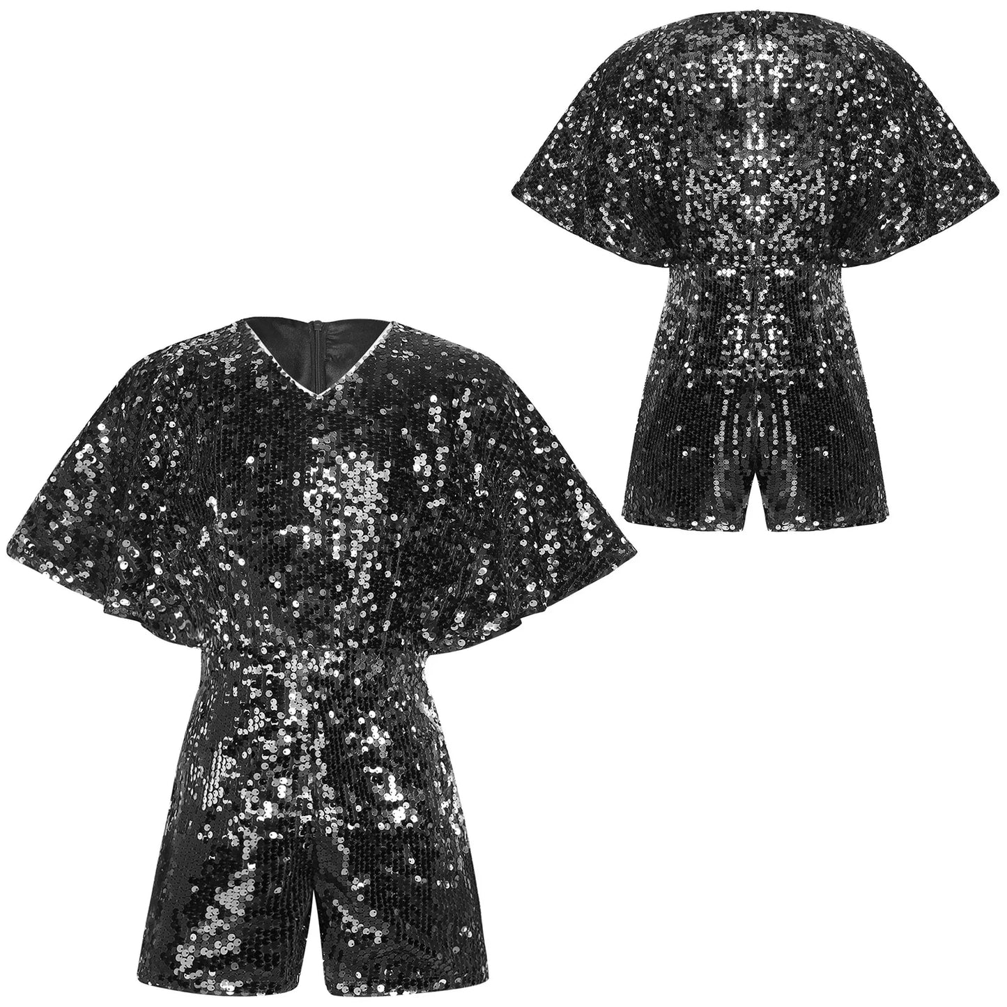 Kids Girls Shorty Unitard Sleeveless Sequin Rompers Leotard Bodysuit Performance Children Jazz Modern Dance Party Tap Costumes