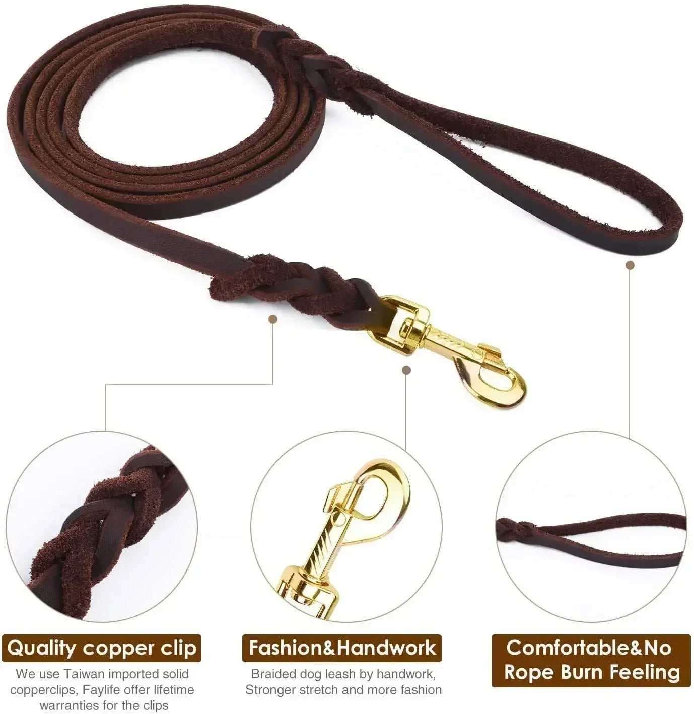 Handmade Genuine Leather Braided Dog Leash Heavy-Duty Training Lead with Metal Hook for Medium/Large Pets Dog Collar