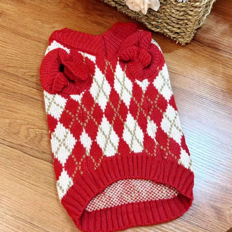 Winter Dog Knit Sweater Soft Dog Clothes Cute Plaid Puppy Sweater Cherry Print Cat Pullovers Pet Warm Turtleneck Poodle Apparel