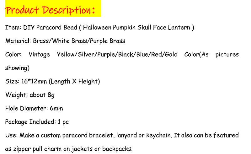 Halloween Pumpkin Skull Face Lantern EDC Brass Knife Beads DIY Woven Paracord Lanyard Pendants Outdoor Tool Hangings Accessories