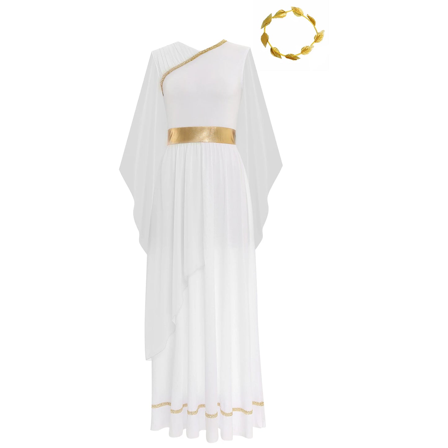 Womens Halloween Greek Beauty Carnival Cosplay Party Costumes Gold Leaves Garland Headwear And Cap Sleeve Ancient Toga Dress