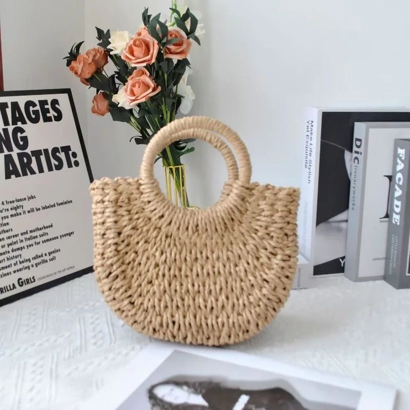 Hand Woven Straw Semicircle Tote Bag Large Capacity Handheld Crossbody 2-in-1 Beach Vacation Fashion Bag for Women