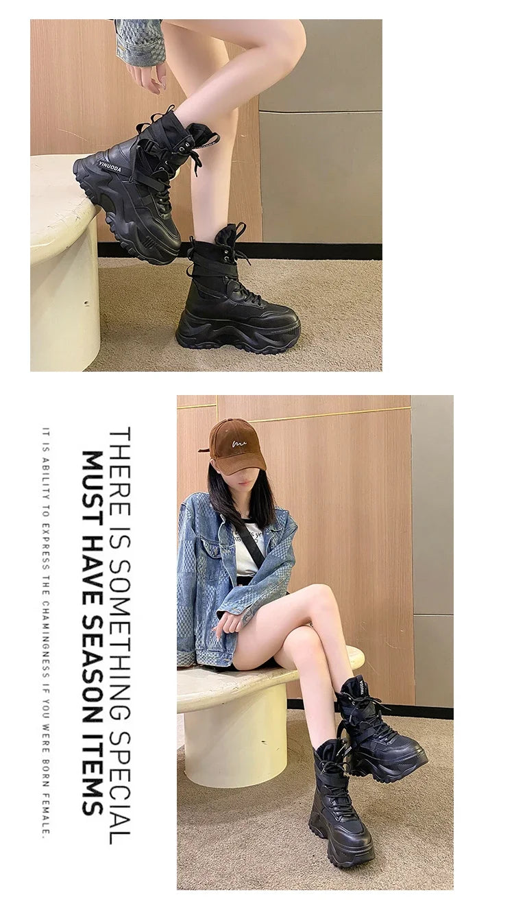 Hot Fashion Women Chunky Platform Motorcycle Boots White Lace Up Thick Bottom Shoes Woman Autumn Winter Ankle