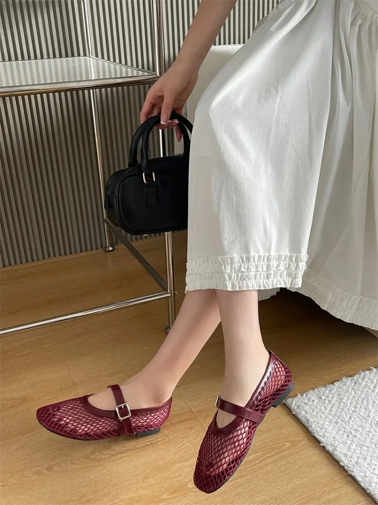Aneikeh BIG Size 35-43 Jelly Color Fishing Ballet Dance Women's Mesh Buckle Flat Hollow Out Retro Mary Jane Shoes