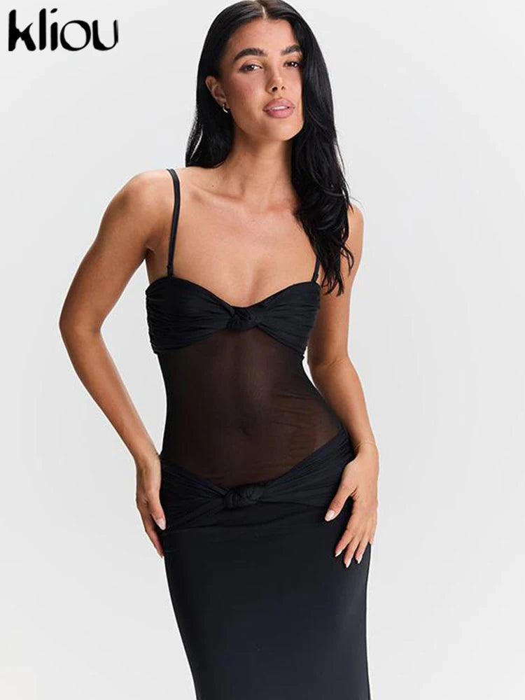 kliou Mesh Suspendency Women Maxi Dress Sexy See Through Tied Patchwork Low Neck Backless Bodycon Female Fashion Party Vestidos
