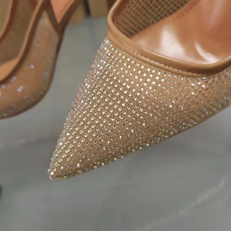 Luxury Designer Rhinestone Heeled Sandals Women Sexy Pointed Toe Mesh Breathable Thin High Heels Elegant Party Dress Pumps Shoes