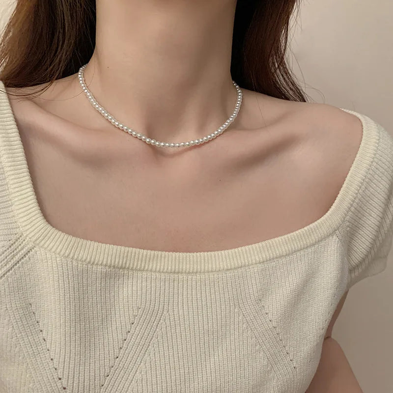 Fashion Elegant White Imitation Pearl Chokers Necklace For Women Men Wedding Banquet Necklaces Vintage Handmade Jewelry Gift
