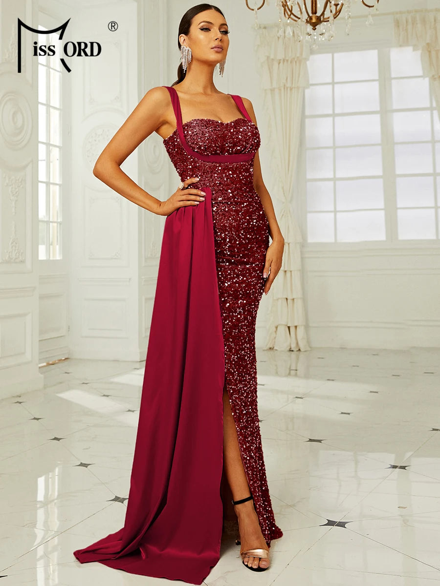 Missord Pink Sequin Bridesmaid Wedding Dress Elegant Women Suspender Draped Thigh Split Party Evening Dresses Long Prom Gown