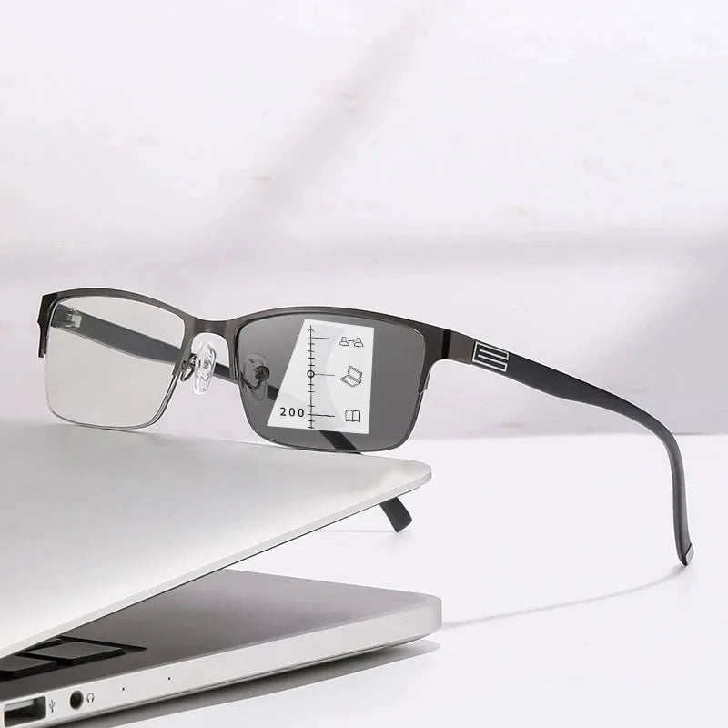Photochromic Multifocal Reading Glasses Business Half Frame Presbyopia Eyewear Classic Color Changing Anti Blue Light Eyeglasses