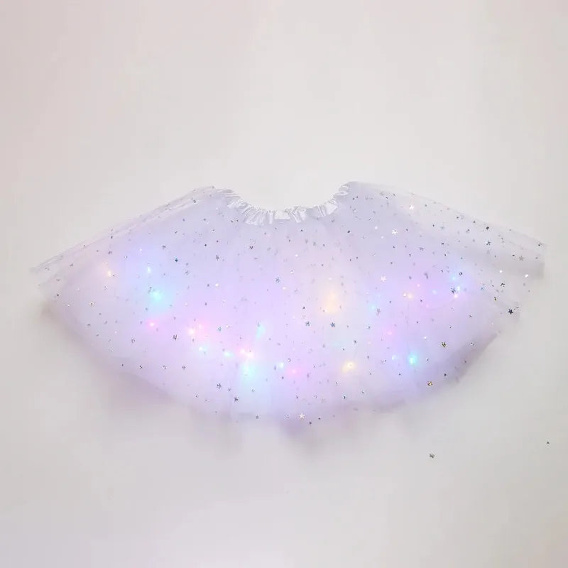 Children's Star Sequined LED Light-Up Tutu Skirt Halloween Carnival Party Girls' Glowing LED Skirt Half-Skirt Mesh Dress Costume