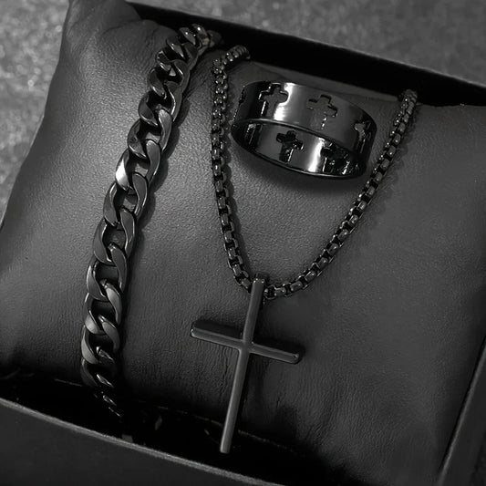 Men's 3pcs Fashion Alloy Jewelry Set - Cross Pendant Necklace, Bracelet & Ring Combo