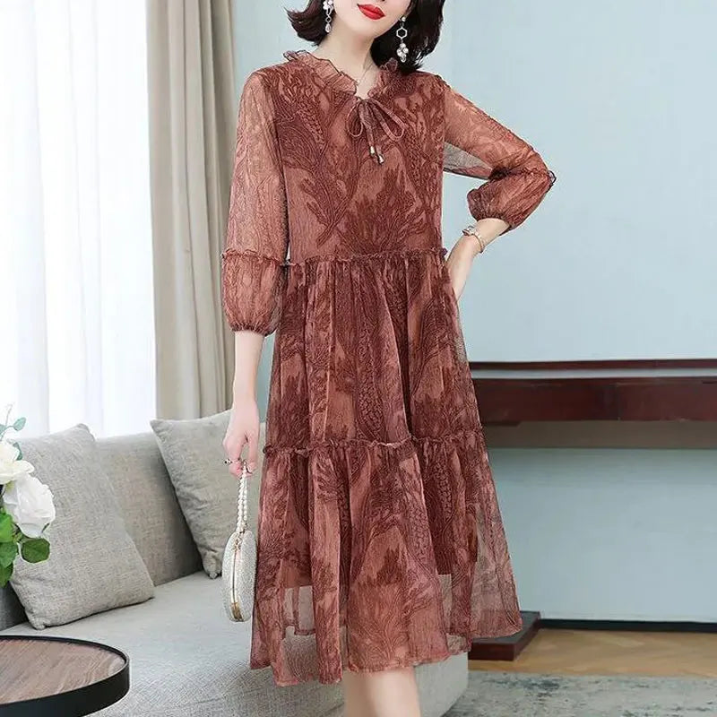 Summer New Casual Half Sleeve Midi Dress Vintage Printed Women's Clothing Ruffles Spliced Stylish Drawstring Loose Gauze Dresses
