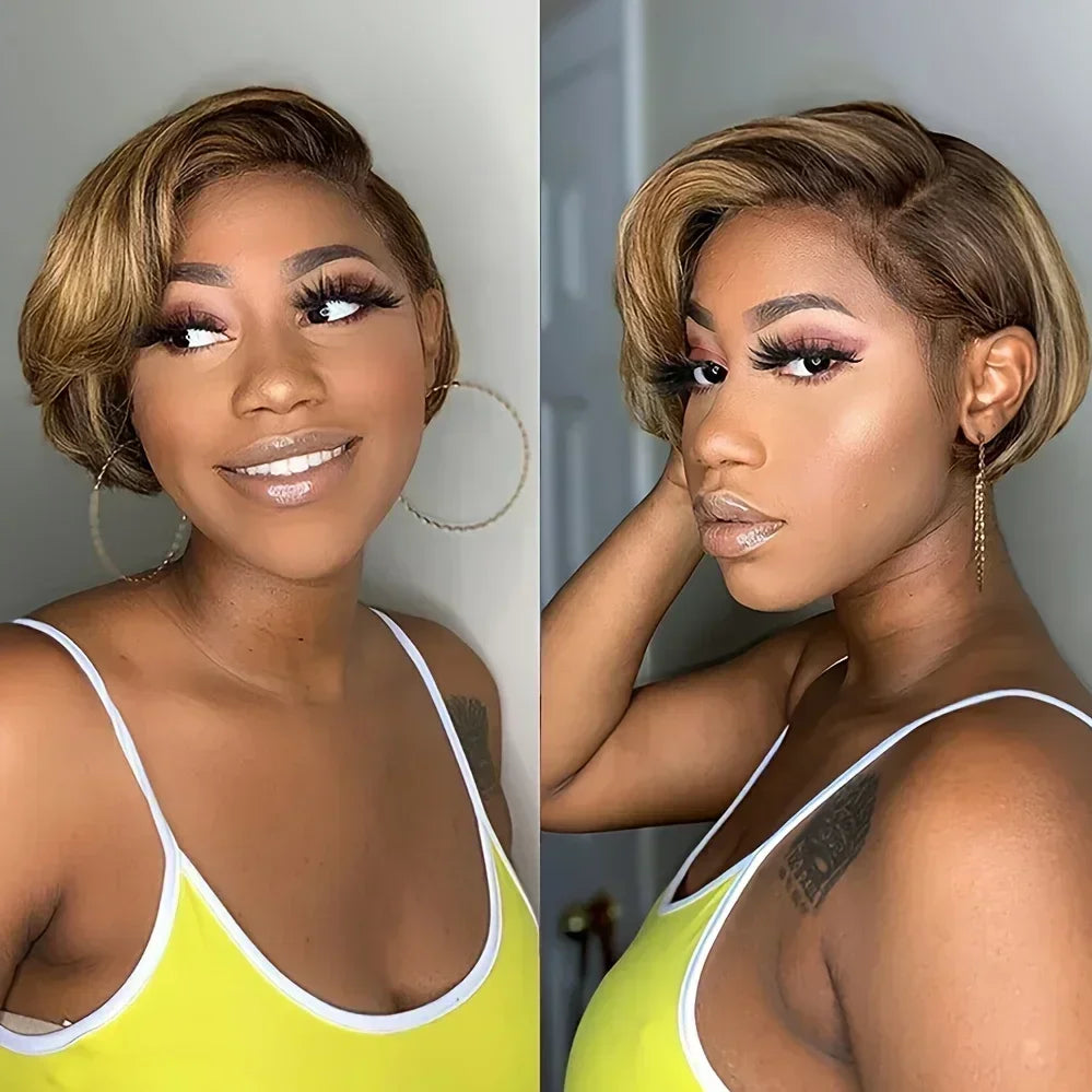 13x4 Lace Front Pixie Cut Bob Wig Highlight Honey Blonde Ombre Brazilian Remy Human Hair Pre‑Plucked Natural Hairline Soft
