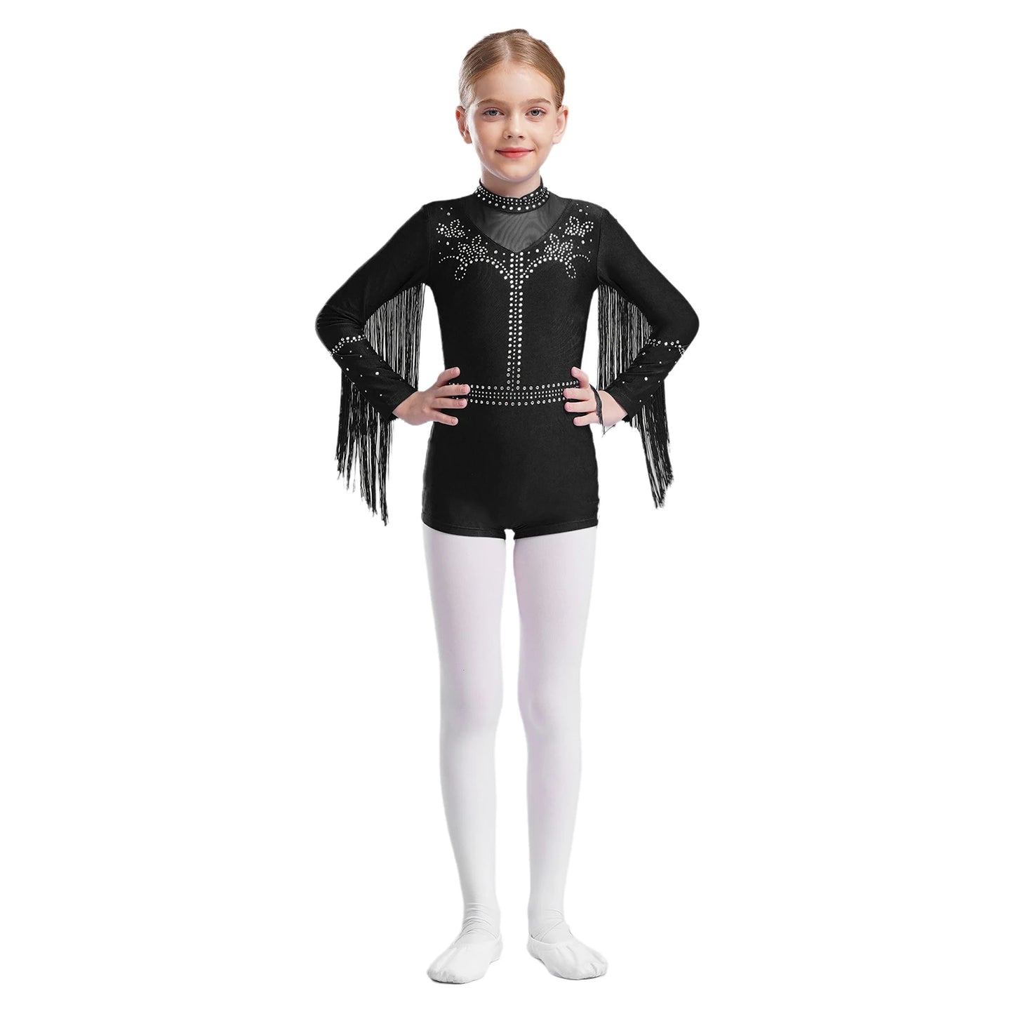 Girls Leotards Jumpsuit for Jazz Latin Skating Competition Costume Tassels Long Sleeve Rhinestones Bodysuit Modern Dancewear