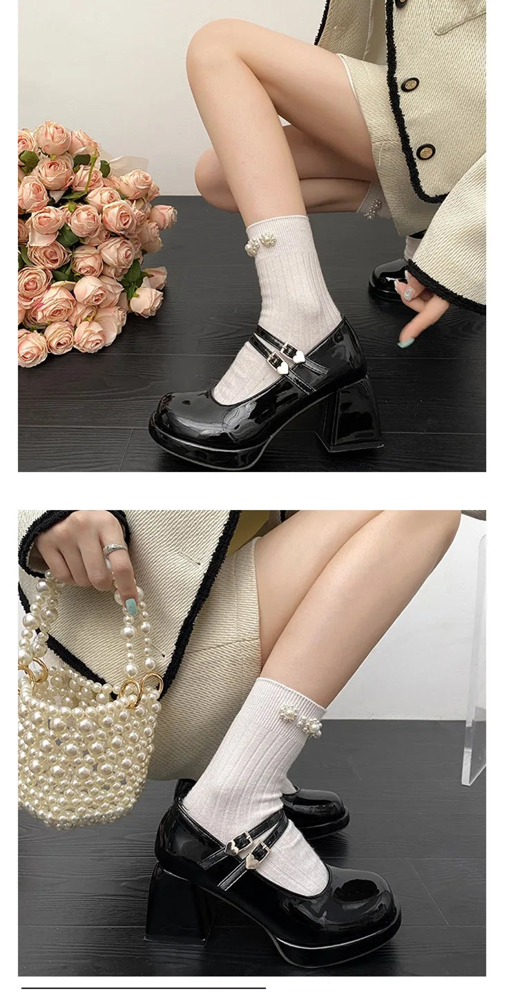 Women Chunky Heels Mary Jane Shoes Princess Spring New Fashion Platform Comfortable Black Soft Anti-slippery Dress Leather Shoes