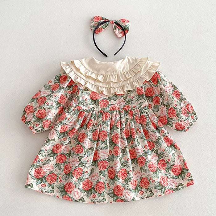 2025 New Spring Baby Sisters Dress 1-5Yrs Girl Party Dress Long Sleeved Cotton Rose Print Romper Sisters Kids Princess Dresses