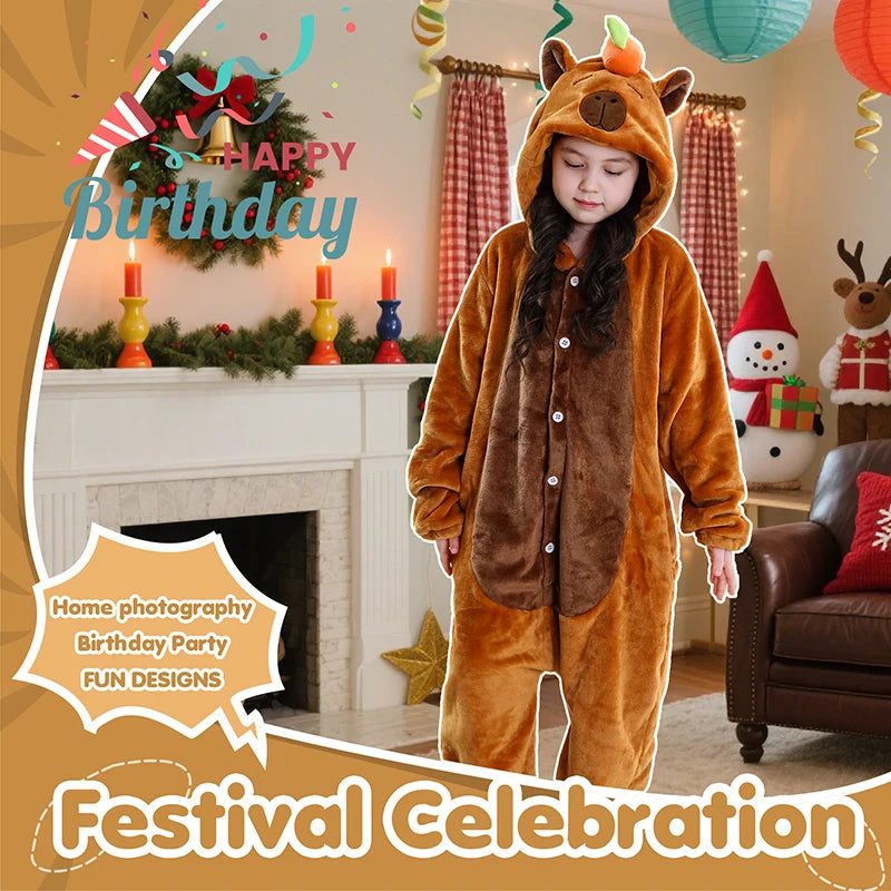 MICHLEY Christmas Capybara Flannel Blanket Sleepers Onesie Hooded Children Costume Clothes Jumpsuit Sleepwear For Boys Girls