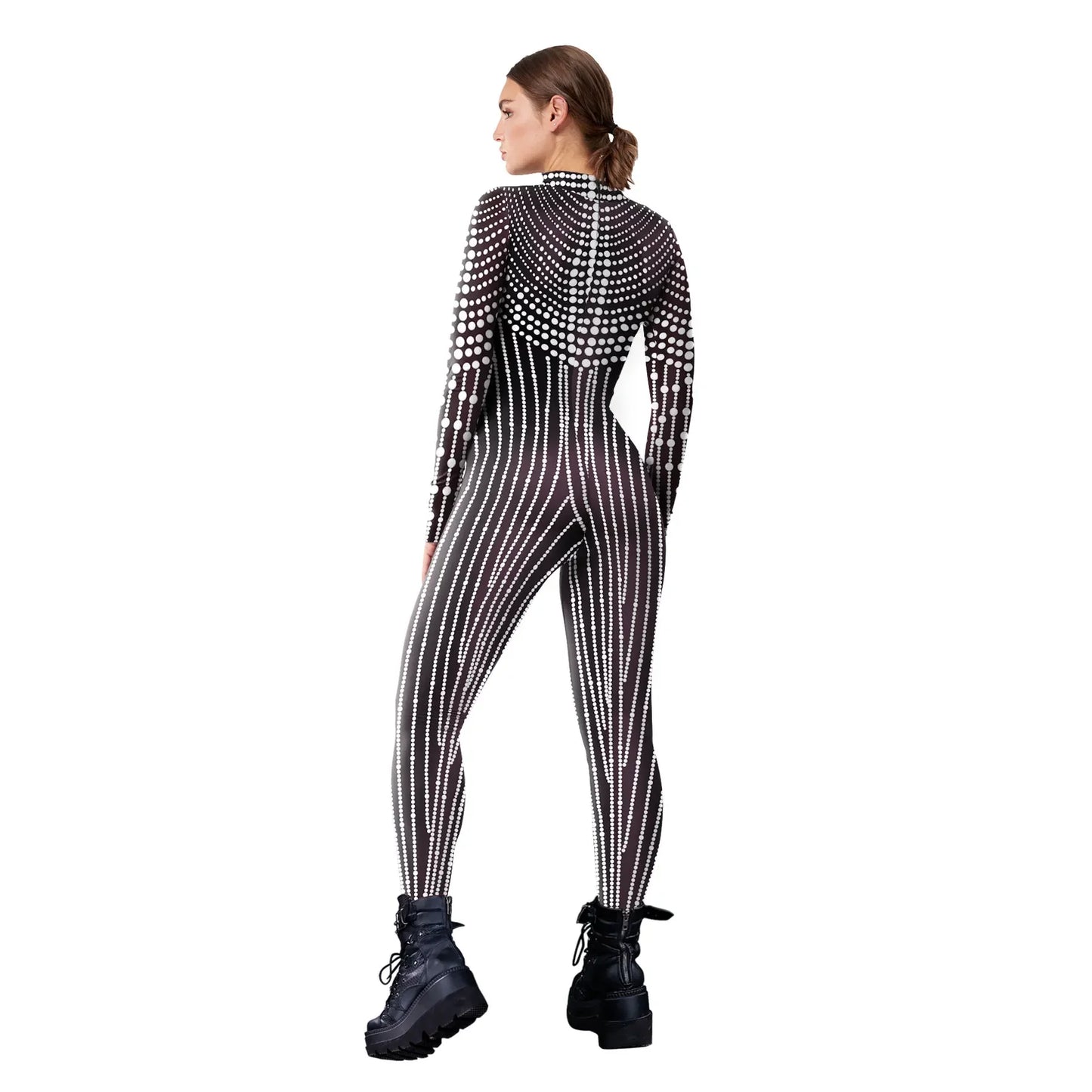 Halloween Cosplay Costume Shiny Sexy Lace Sequins Pattern 3D Printed Slim Bodysuit Theme Party Role Playing Jumpsuit for Women