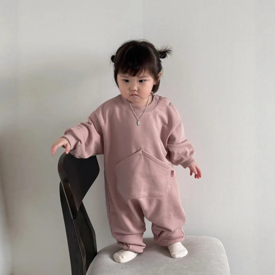 2025 Autumn New Baby Long Sleeve Romper Solid Infant Boy Girl Big Pocket Casual Jumpsuit Newborn Loose Cotton Clothes 0-24M