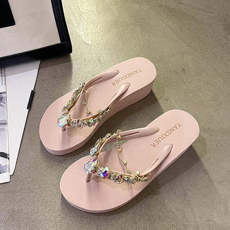 Rhinestone Chain Summer Flip Flops Sandals Women Comfortable Beach Shoes Non-slip Soft Bottom Casual 5cm Heels Wedges Slippers