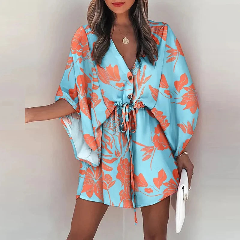 Women Casual Loose Dress Beach Boho Dress Fashion Vintage Print V Neck Drawstring Mini Dress Summer Dresses Robe Femme 2022