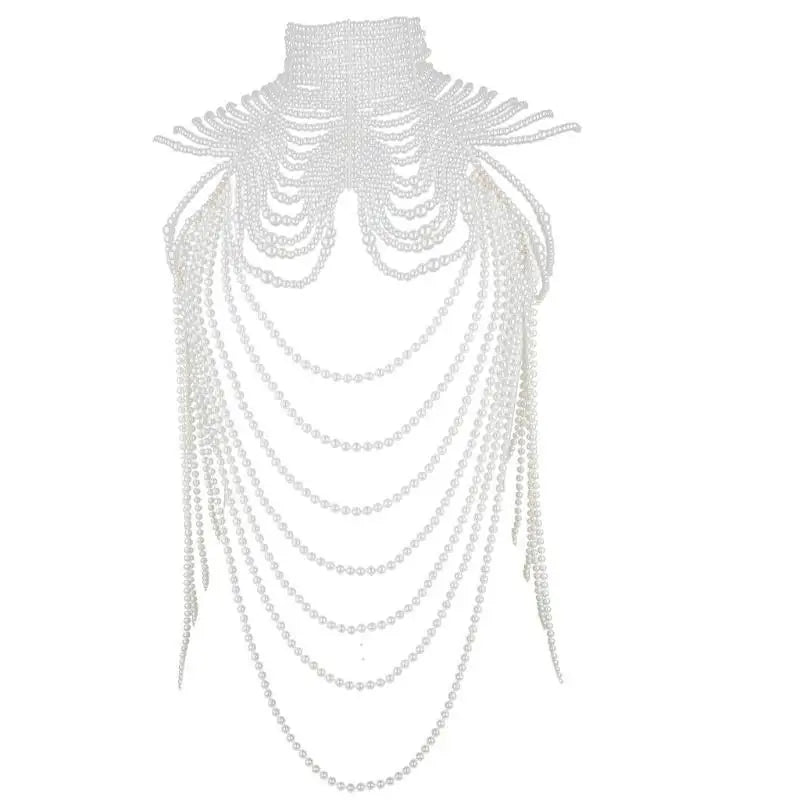P9FE Fringed Pearls Shawl Wrap for Female Shoulder Chain Necklace Elegant Bride Shawl Formal Dress Shoulder Wrap Body Chain