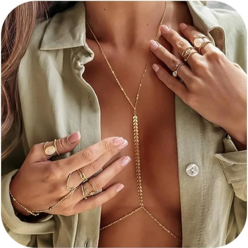 Sexy Body Chains for Women Mom, 14K Gold Layered Belly Waist Chain Bikini Bra Chain, Summer Beach Rhinestone Body Jewelry