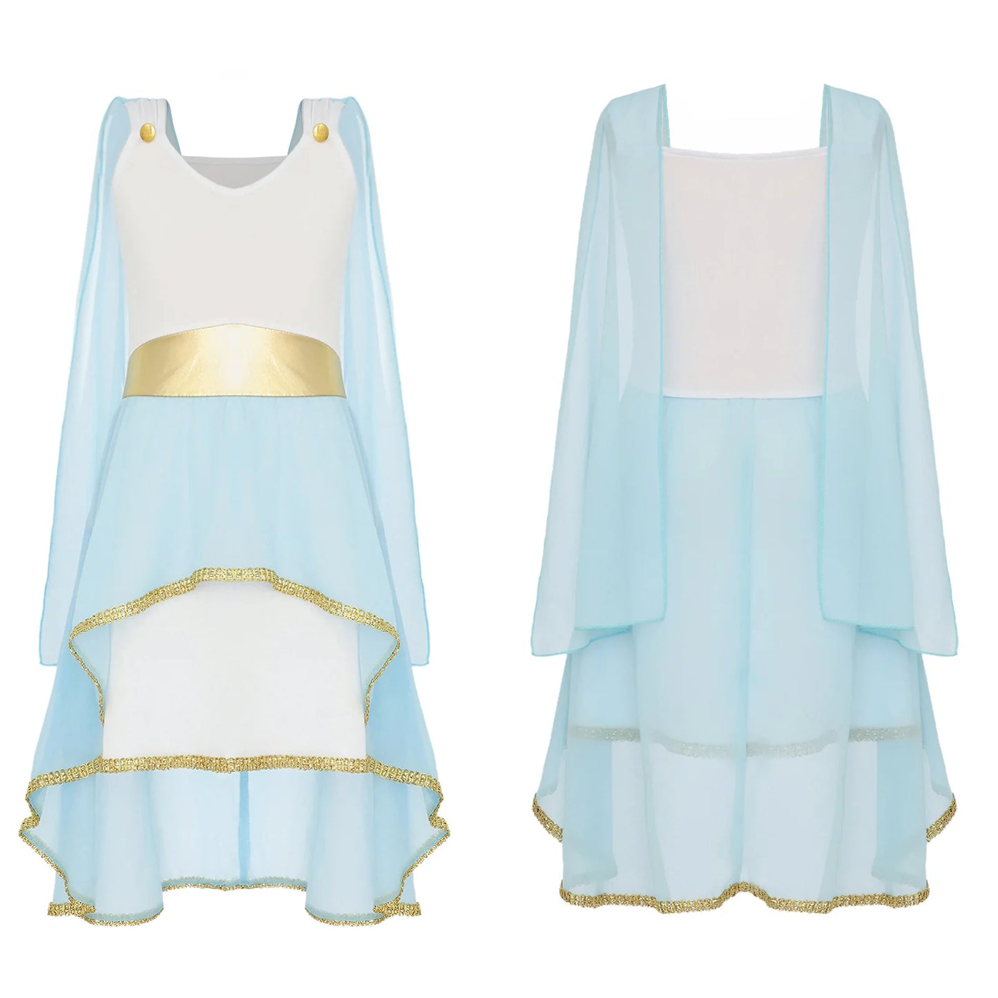 Halloween Virgin Mary Costume for Kids Girls Fancy Greek Princess Cosplay Long Sleeve Ruffle Dress with Chiffon Cape Theme Party