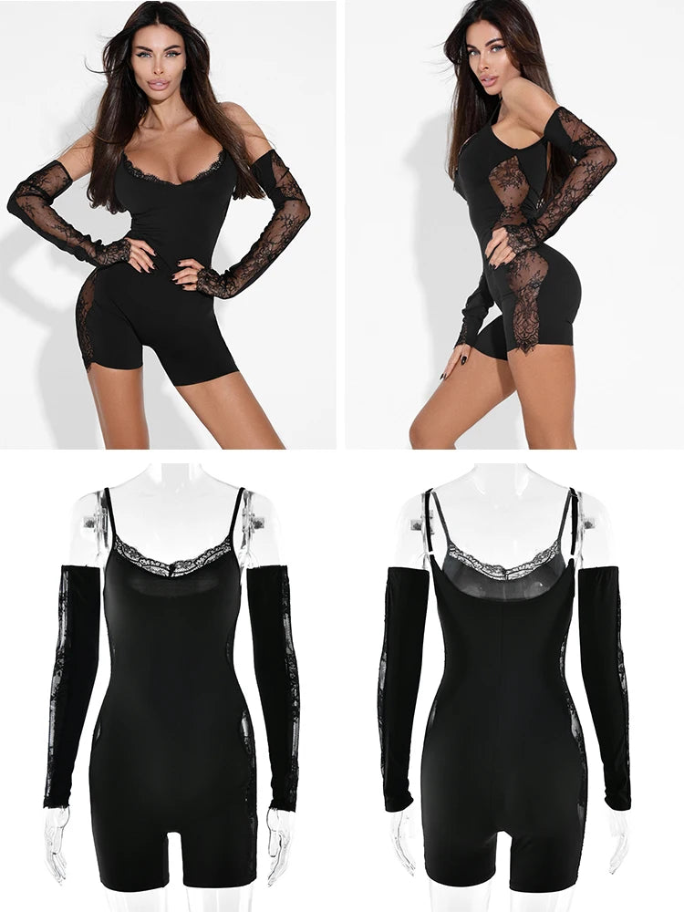 Sibybo Spring Autumn Long Sleeve Sexy Jumpsuits Women Fashion Lace Patchwork Square Collar Bodycon Romper Ladies Party Playsuits