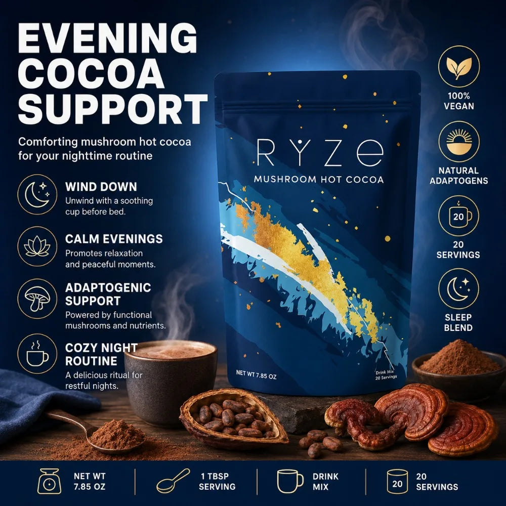 Mushroom Hot Cocoa Powder Sleep Support, Reishi L-Theanine Glycine Zinc Blend, Vegan Nighttime Relaxation Drink Mix, 20 Servings
