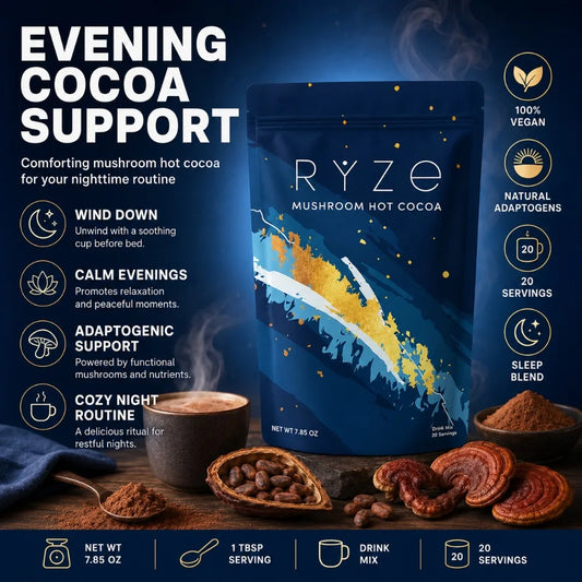 Mushroom Hot Cocoa Powder Sleep Support, Reishi L-Theanine Glycine Zinc Blend, Vegan Nighttime Relaxation Drink Mix, 20 Servings
