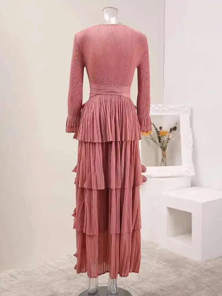 LANMREM Pleated Appliques Long Dresses For Women Round Collar Lace-up Full Sleeve Evening Party New 2025 Lady Dress 32S1173