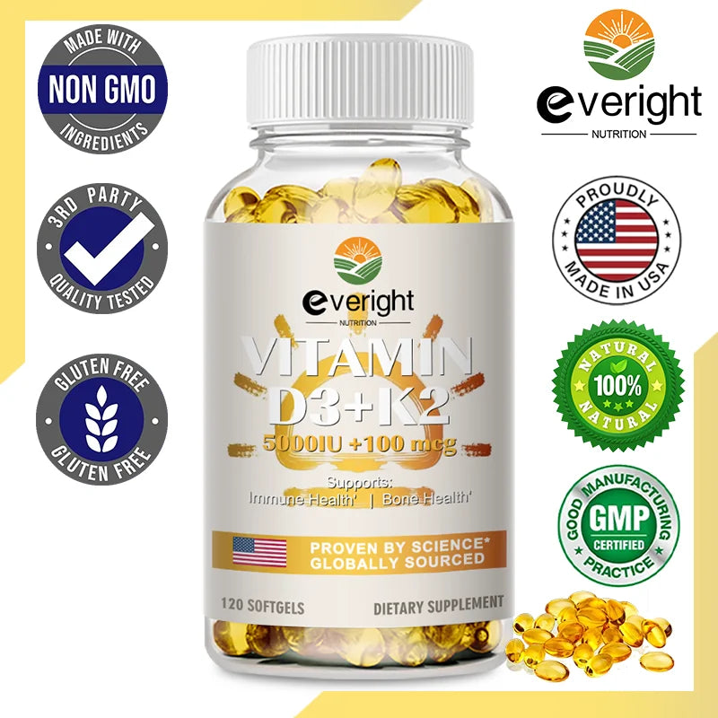 Vitamins D3 + K2 Organic Supplements High Bioavailability - Supports Bone Density, Calcium Balance, Immunity & Mood Health