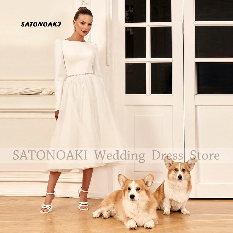 Customized Elegant Simple Puff Sleeve Ivory Satin Short Wedding Dress for Women Tea Length Backless Bride Gown Vestidos De Novia