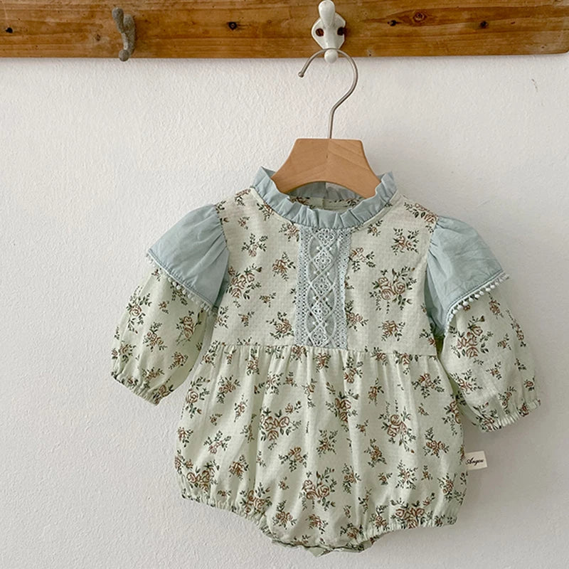 0-3Y Baby Autumn Clothes Retro Lace Infant Bow Ruffle Collar Long Sleeves Bodysuit Kids Girls Floral Print Casual Cotton Onesie