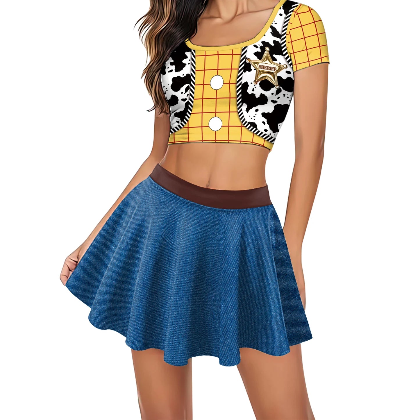 Halloween Woody Cosplay Costume For Women Movie Character Print Skirt Set Summer Short Sleeve Crop Top Party Performance Outfits