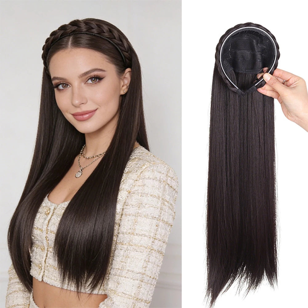 Synthetic Headband Wig 20‘’Long Straight Half Wigs For Women With Headband Heat-Resistant Hair Extensions