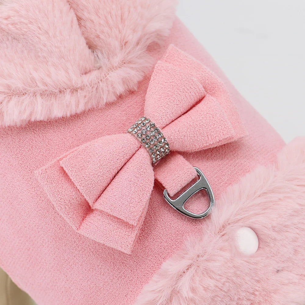 Soft Warm Dog Vest Harness and Leash Set Cute Bowknot Pet Winter Clothes Vest Warm Fur Small Dog Clothing French Bulldog Pink