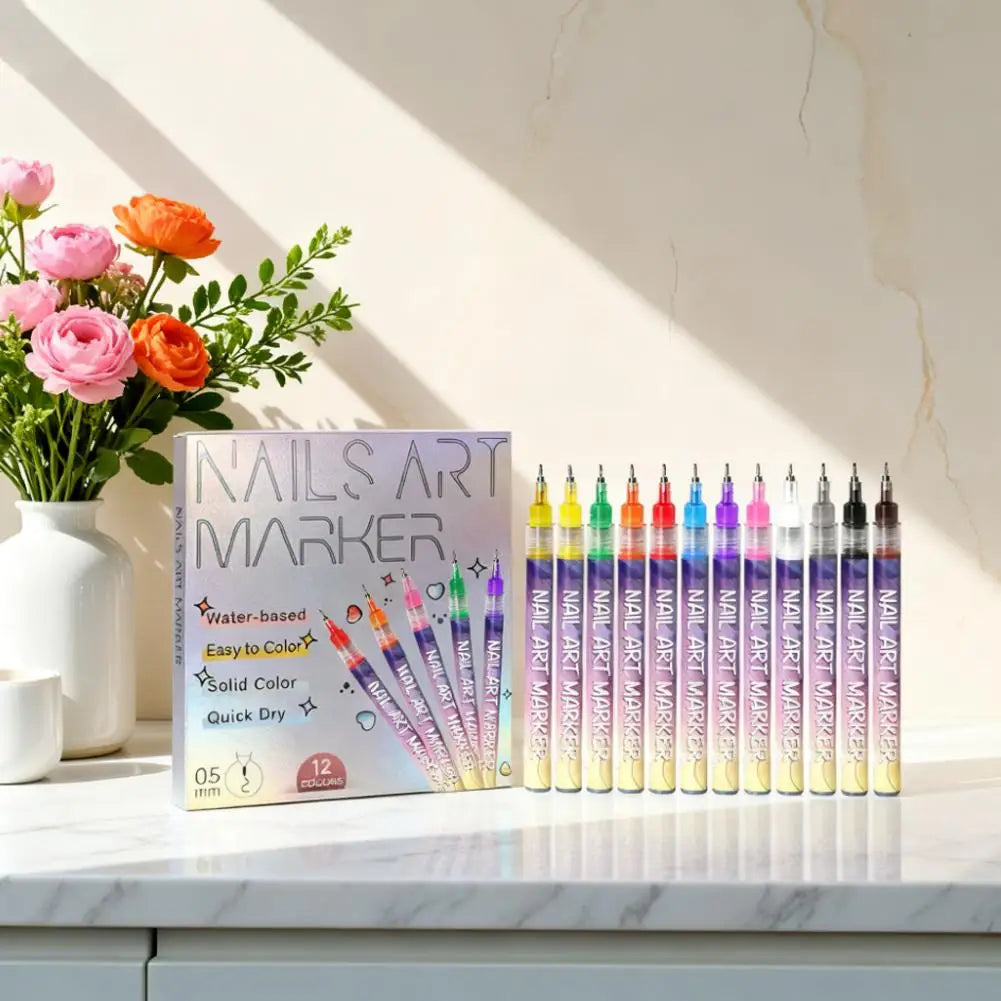 12Pcs/Set Nail Acrylic Graffiti Pen 12 Color Nail Marker Drawing DIY Beauty Nail Art Tools Waterproof and Quick Drying Nail Mark