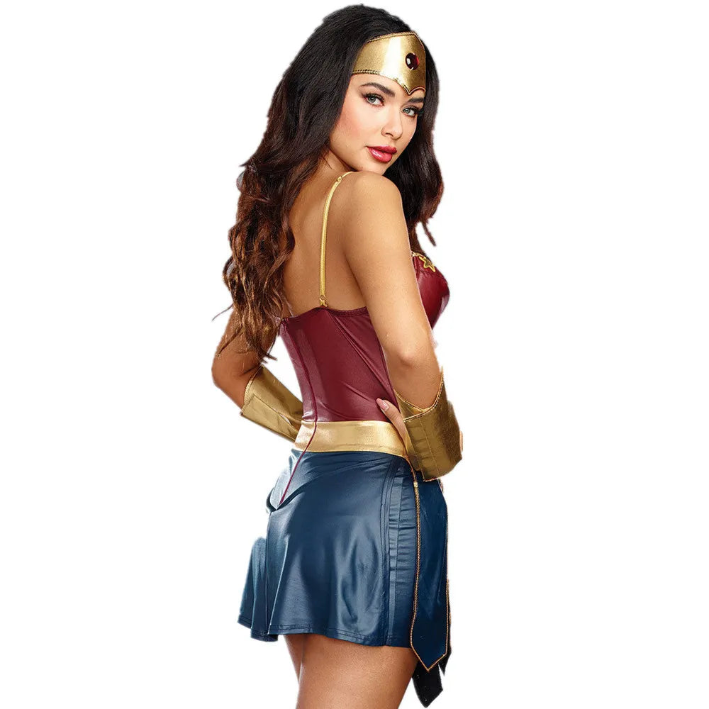 Women's Halloween Superhero Costume Dress Sexy Wonder Cosplay Outfit Leather Fancy Stage Performance Clothing