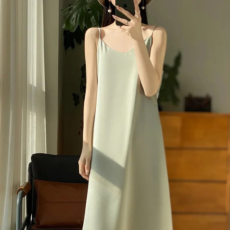 Silk V-neck Slim-fit Satin Dress Sexy Strap Long Gown for Women New 2025 Spring Summer Inner Wear Dress Elegant Lady Dress