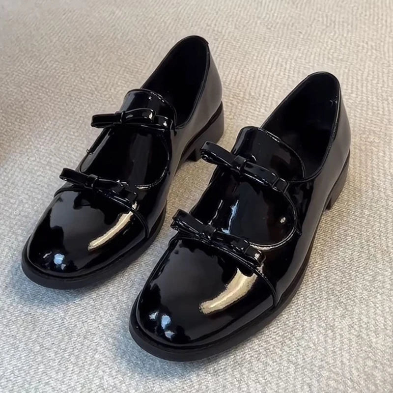 Preppy Double Bowtie Oxfords Woman Low Heels Flats Shiny Small Leather Shoes Ladies College Girls Sneakers Femmes Derby Loafers