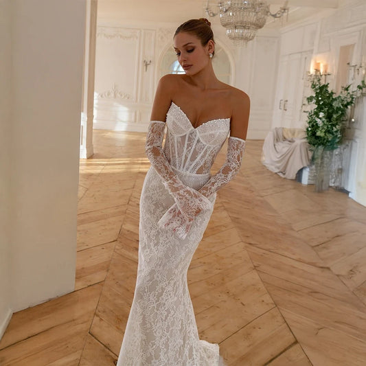 Customized Lace Mermaid Wedding Dress with Beaded Corset & Lace Gloves Bridal Gown Elegant Bridal Dress for Vintage Brides